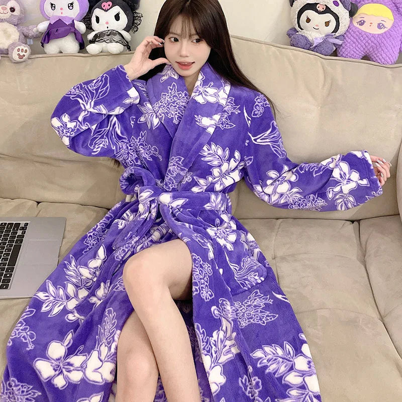 Peignoir de bain femme-flanelle-polyester-imprime-col-chale-manche-longue-epais-longueur-cheville-motif-floral-moelleux-confortable-printemps-automne-hiver-bleu-blanc