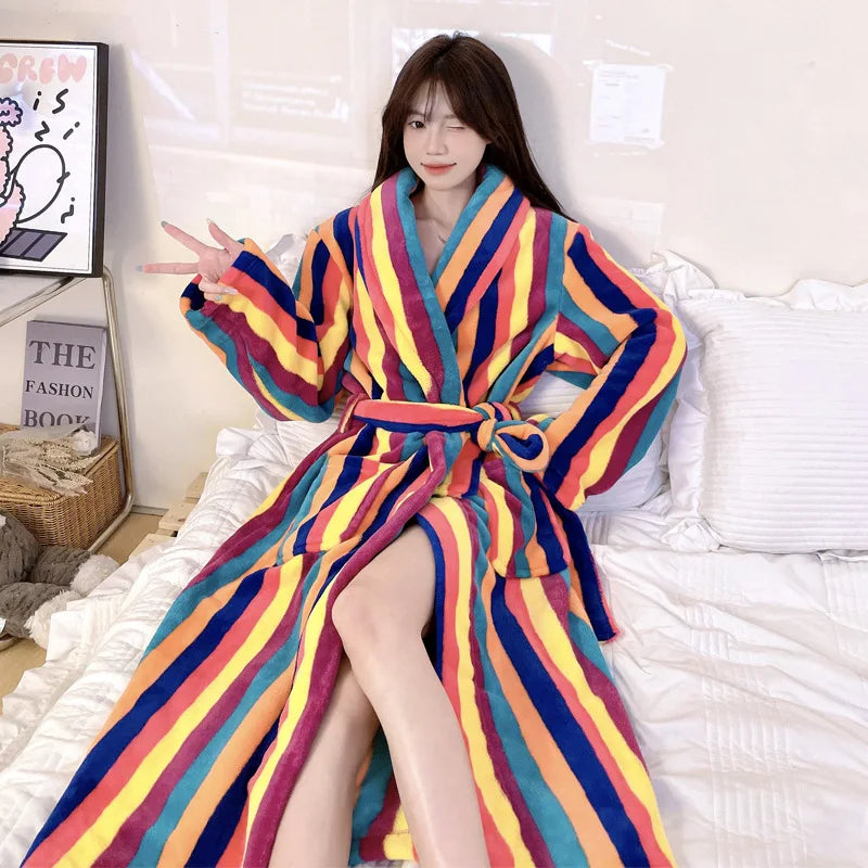 Peignoir de bain femme-flanelle-polyester-imprime-col-chale-manche-longue-epais-longueur-cheville-motif-floral-moelleux-confortable-printemps-automne-hiver-bleu-jaune-rouge