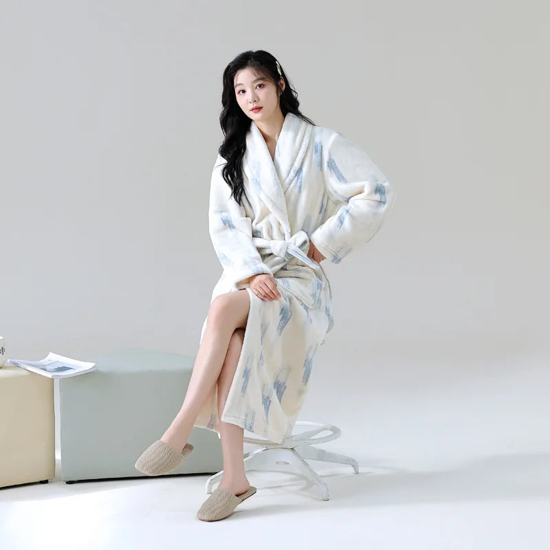 Peignoir_de_bain_femme-flanelle-polyester-imprime-col-chale-manche-longue-epais-mi-mollet-motif-floral-geometrique-moelleux-confortable-doux-printemps-hiver-automne-bleu-marine-blanc-bleu