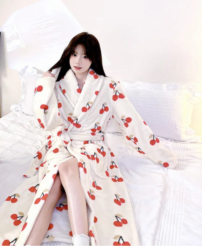Peignoir_de_bain_femme-flanelle-polyester-imprime-col-chale-manche-longue-epais-mi-mollet-motif-floral-geometrique-moelleux-confortable-doux-printemps-hiver-automne-orange-blanc