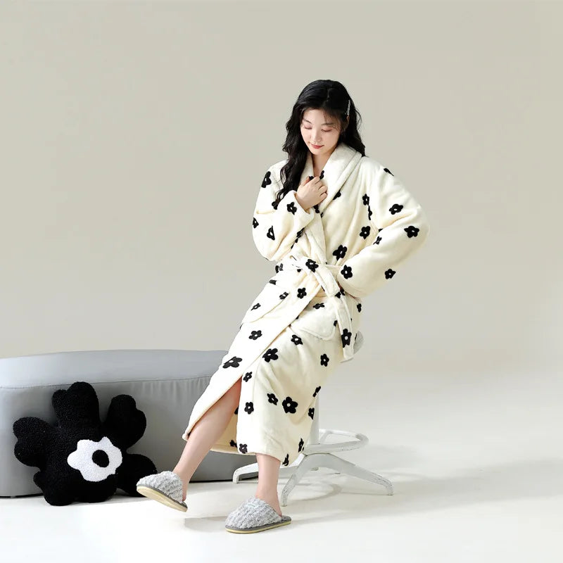 Peignoir_de_bain_femme-flanelle-polyester-imprime-col-chale-manche-longue-epais-mi-mollet-motif-floral-geometrique-moelleux-confortable-printemps-hiver-automne-bleu-marine-blanc-noir