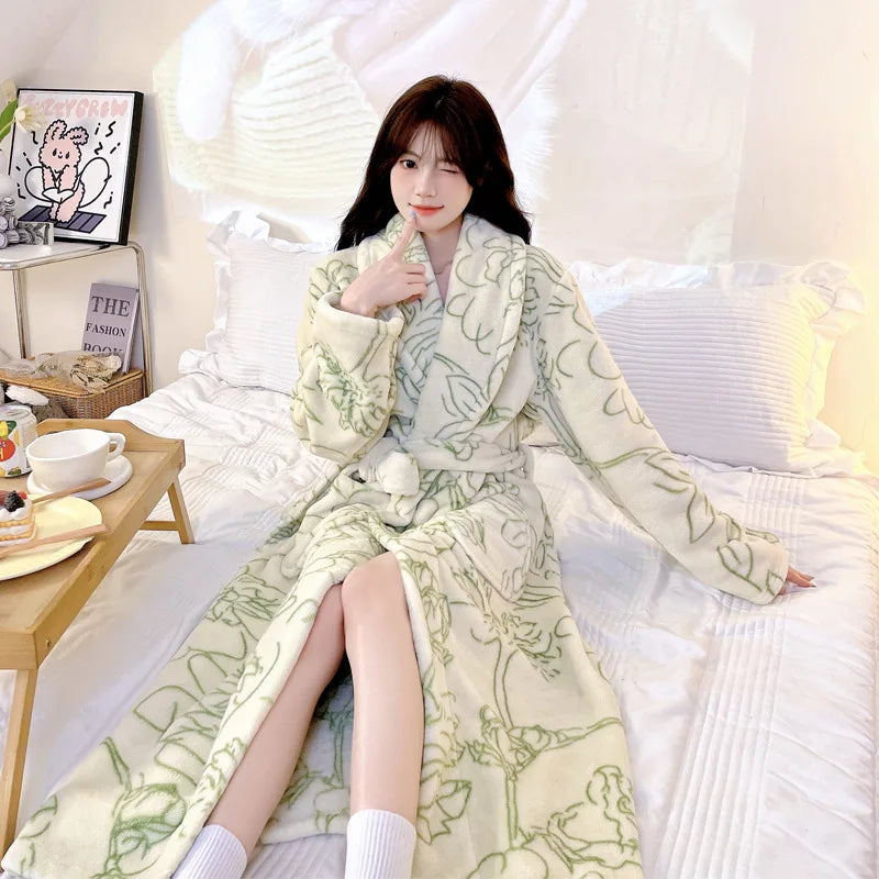 Peignoir_de_bain_femme-flanelle-polyester-imprime-col-chale-manche-longue-epais-mi-mollet-motif-floral-geometrique-moelleux-confortable-printemps-hiver-automne-bleu-marine-vert-blanc