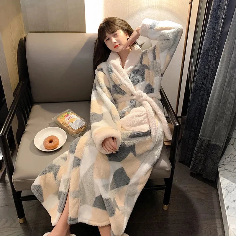 Peignoir de bain femme animal-velours-cotele-polyester-manche-longue-epais-absorbant-moelleux-confortable-longueur-cheville-col-chale-printemps-automne-hiver-beige-gris-ivoire