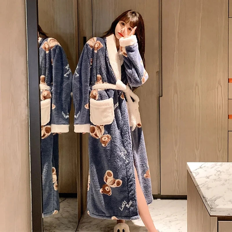Peignoir de bain femme animal-velours-cotele-polyester-manche-longue-epais-absorbant-moelleux-confortable-longueur-cheville-col-chale-printemps-automne-hiver-blanc-bleu-marine