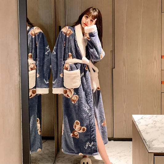 Peignoir de bain femme animal-velours-cotele-polyester-manche-longue-epais-absorbant-moelleux-confortable-longueur-cheville-col-chale-printemps-automne-hiver-blanc-bleu-marine