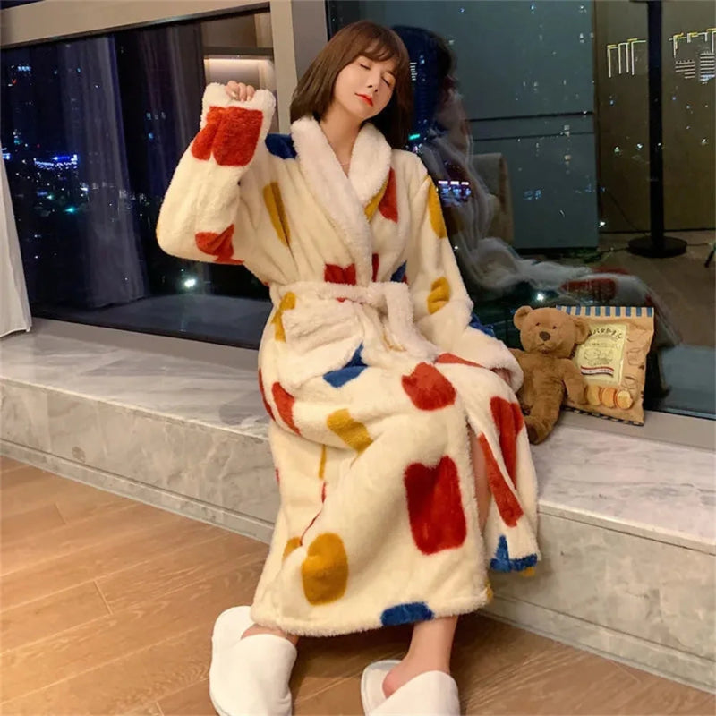 Peignoir de bain femme animal-velours-cotele-polyester-manche-longue-epais-absorbant-moelleux-confortable-longueur-cheville-col-chale-printemps-automne-hiver-bordeaux-bleu-beige
