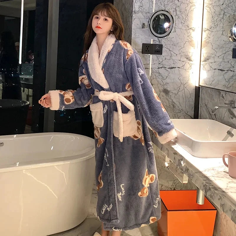 Peignoir de bain femme animal-velours-cotele-polyester-manche-longue-epais-absorbant-moelleux-confortable-longueur-cheville-col-chale-printemps-automne-hiver-marron-beige-bleu-marine