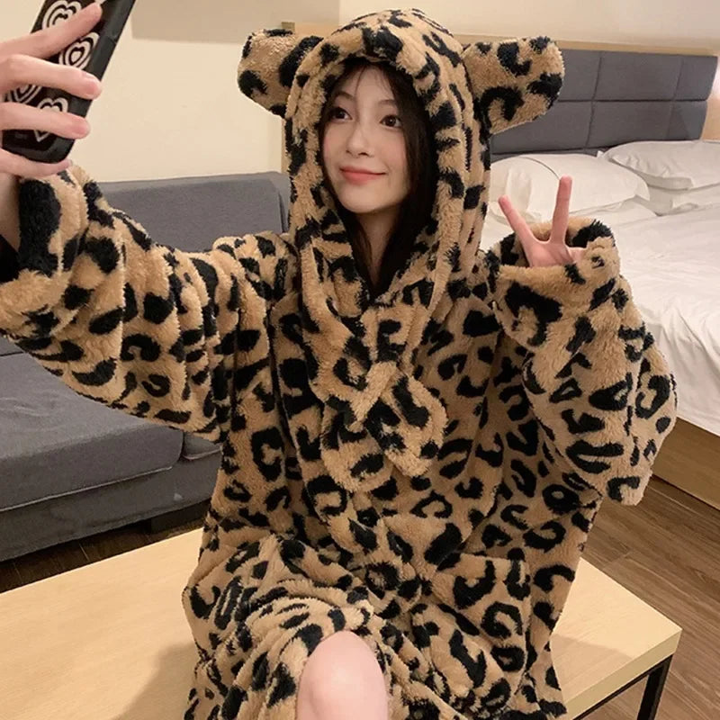 Peignoir de bain femme animal mi long-flanelle-coton-polyester-capuche-motif-animal-manche-longue-epais-lmi-mollet-absorbant-moelleux-confortable-automne-printemps-hiver-noir-beige