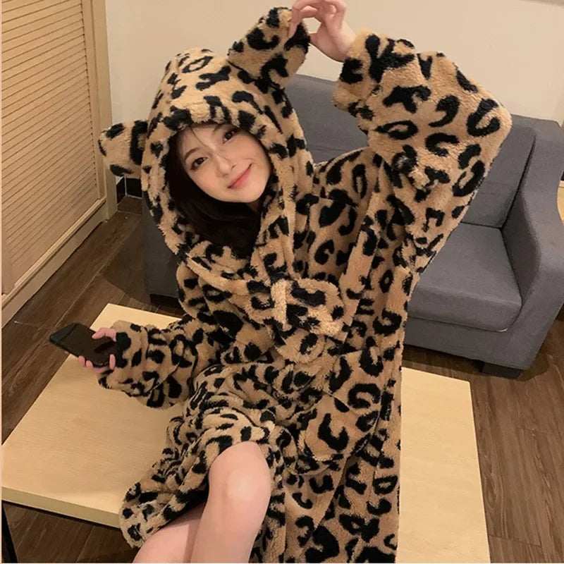 Peignoir de bain femme animal mi long-flanelle-coton-polyester-capuche-motif-animal-manche-longue-epais-lmi-mollet-absorbant-moelleux-confortable-automne-printemps-hiver