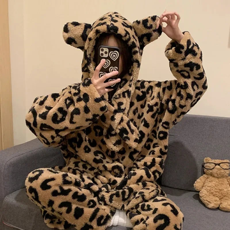 Peignoir de bain femme animal mi long-flanelle-coton-polyester-capuche-motif-animal-manche-longue-epais-lmi-mollet-absorbant-moelleux-confortable-hiver-automne-printemps-beige-noir