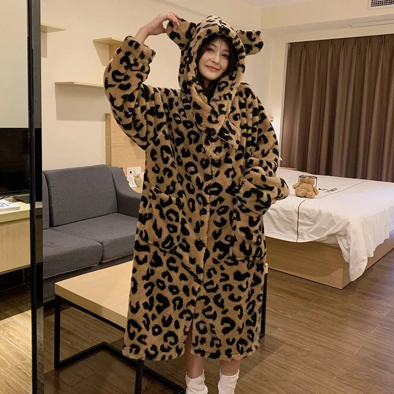 Peignoir de bain femme animal mi long-flanelle-coton-polyester-capuche-motif-animal-manche-longue-epais-lmi-mollet-absorbant-moelleux-confortable-printemps-automne-hiver