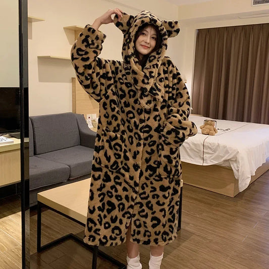 Peignoir de bain femme animal mi long-flanelle-coton-polyester-capuche-motif-animal-manche-longue-epais-lmi-mollet-absorbant-moelleux-confortable-printemps-automne-hiver