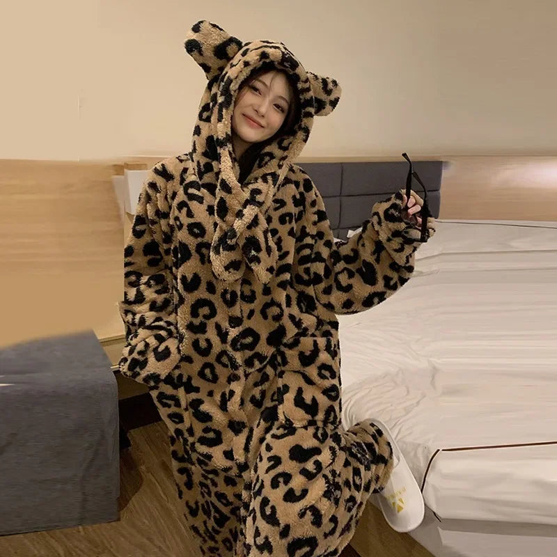Peignoir de bain femme animal mi long-flanelle-coton-polyester-capuche-motif-animal-manche-longue-epais-lmi-mollet-absorbant-moelleux-hiver-confortable-automne-printemps-beige-noir