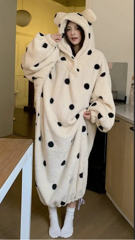Peignoir de bain femme animal mi long-flanelle-coton-polyester-capuche-motif-animal-manche-longue-epais-lmi-mollet-absorbant-moelleux-hiver-confortable-automne-printemps-noir-beige