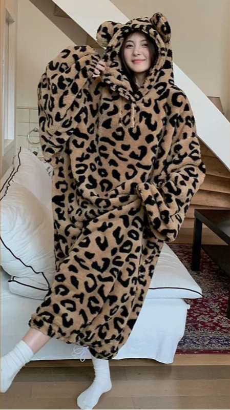 Peignoir de bain femme animal mi long-flanelle-coton-polyester-capuche-motif-animal-manche-longue-epais-lmi-mollet-absorbant-moelleux-hiver-confortable-automne-printemps-noir-marron