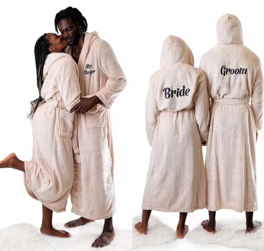 Peignoir de bain femme avec prénom-flanelle-polyester-brode-epais-manche-longue-mi-mollet-capuche-absorbant-hiver-prenitemps-automne-moelleux-confortable-beige