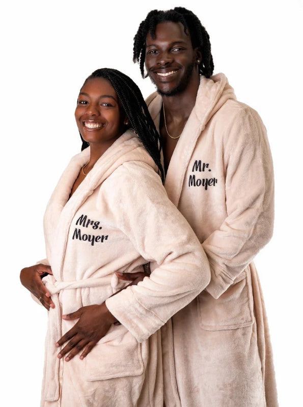 Peignoir de bain femme avec prénom-flanelle-polyester-brode-epais-manche-longue-mi-mollet-capuche-absorbant-prenitemps-automne-moelleux-confortable-hiver-beige