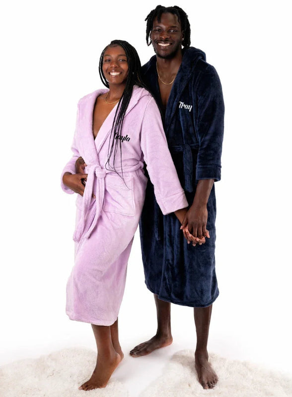 Peignoir de bain femme avec prénom-flanelle-polyester-brode-epais-manche-longue-mi-mollet-capuche-absorbant-prenitemps-automne-moelleux-confortable-hiver-violet-bleu-marine