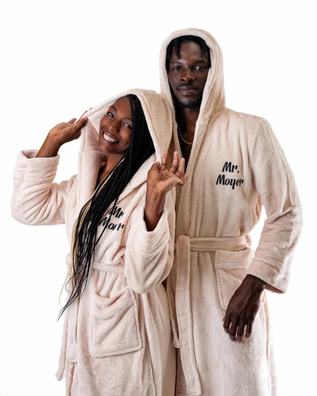Peignoir de bain femme avec prénom-flanelle-polyester-brode-epais-manche-longue-mi-mollet-capuche-absorbant-prenitemps-automne-moelleux-hiver-confortable-beige