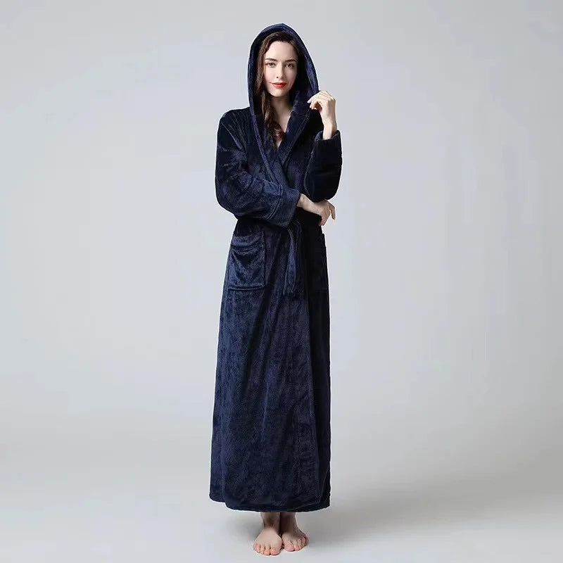 Peignoir de bain femme avec prénom-flanelle-polyester-brode-epais-manche-longue-mi-mollet-capuche-absorbant-prenitemps-automne-moelleux-hiver-confortable-bleu-marine
