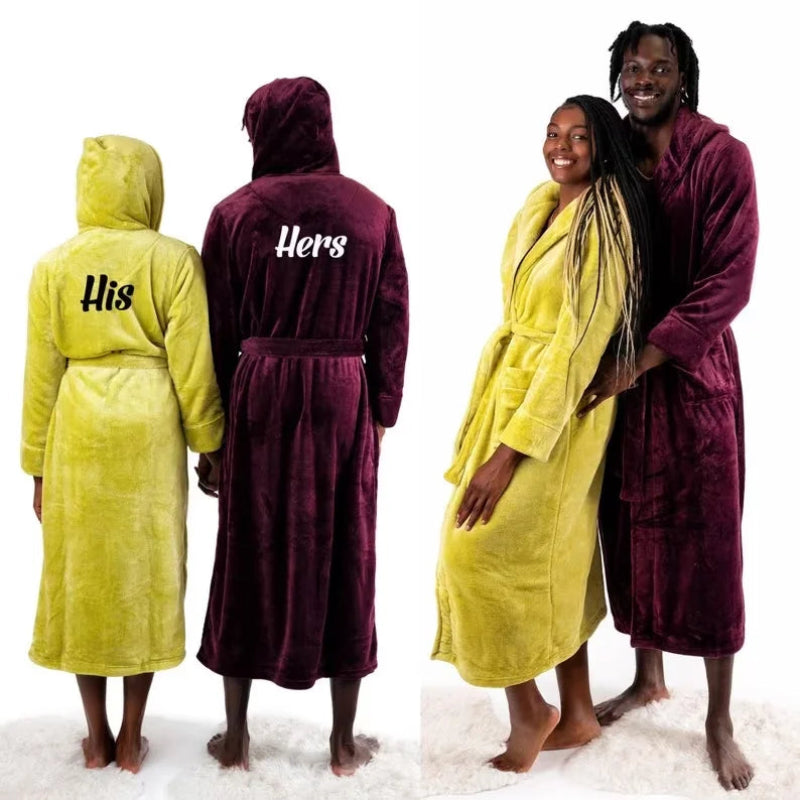 Peignoir de bain femme avec prénom-flanelle-polyester-brode-epais-manche-longue-mi-mollet-capuche-absorbant-prenitemps-automne-moelleux-hiver-confortable-jaune-bordeaux