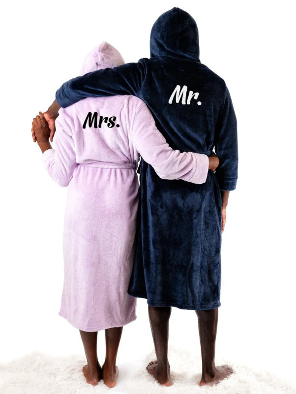 Peignoir de bain femme avec prénom-flanelle-polyester-brode-epais-manche-longue-mi-mollet-capuche-absorbant-prenitemps-automne-moelleux-hiver-confortable-violet-bleu-marine