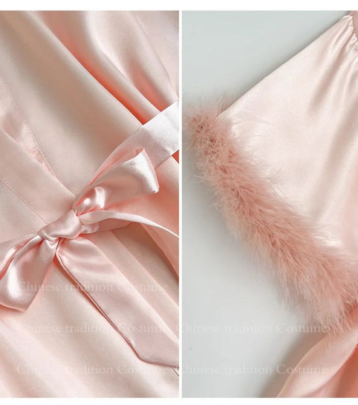 Peignoir de bain femme avec prenom brodé-satin-polyester-manche-trois-quarts-col-V-mi-genoux-moelleux-confortable-personnalisable-ete-printemps-rose
