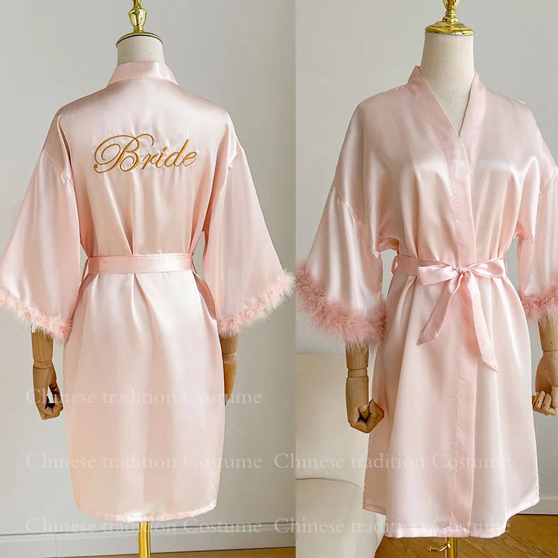 Peignoir de bain femme avec prenom brodé-satin-polyester-manche-trois-quarts-col-V-mi-genoux-moelleux-ete-confortable-personnalisable-printemps-rose