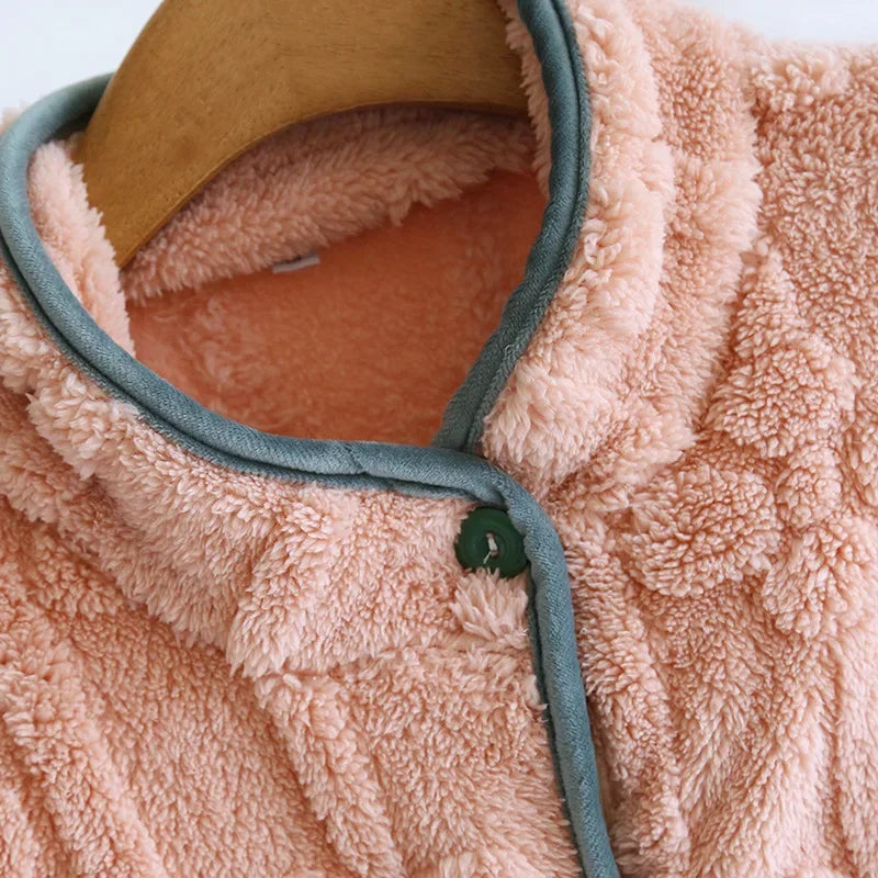 Peignoir de bain femme boutonné devant-flanelle-polyester-manche-longue-boutonne-mi-mollet-moelleux-confortable-printemps-automne-hiver-col-chale-rose
