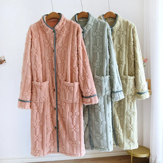 Peignoir de bain femme boutonné devant-flanelle-polyester-manche-longue-boutonne-mi-mollet-moelleux-confortable-printemps-automne-hiver-col-chale
