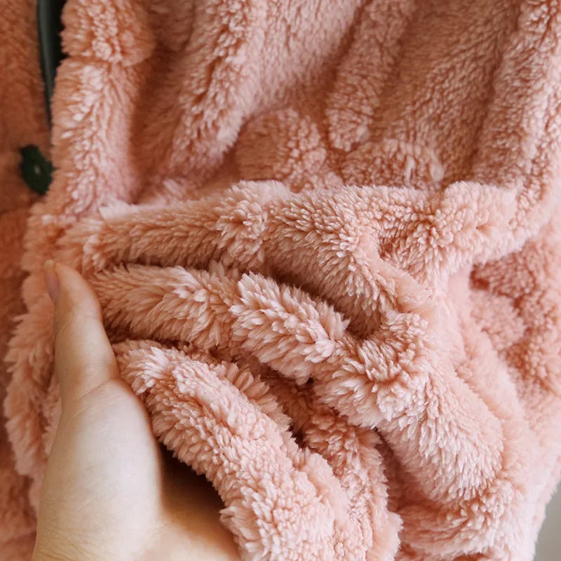 Peignoir de bain femme boutonné devant-flanelle-polyester-manche-longue-boutonne-mi-mollet-moelleux-confortable-printemps-hiver-automne-col-chale-rose