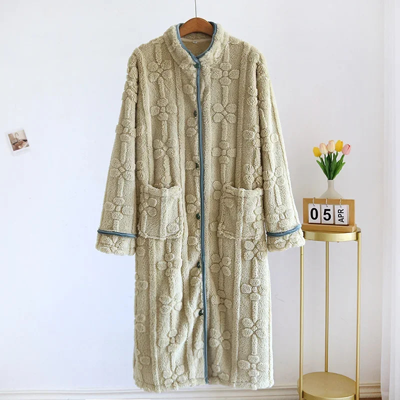 Peignoir de bain femme boutonné devant-flanelle-polyester-manche-longue-boutonne-mi-mollet-moelleux-confortable-printemps-hiver-automne-col-chale-vert-olive