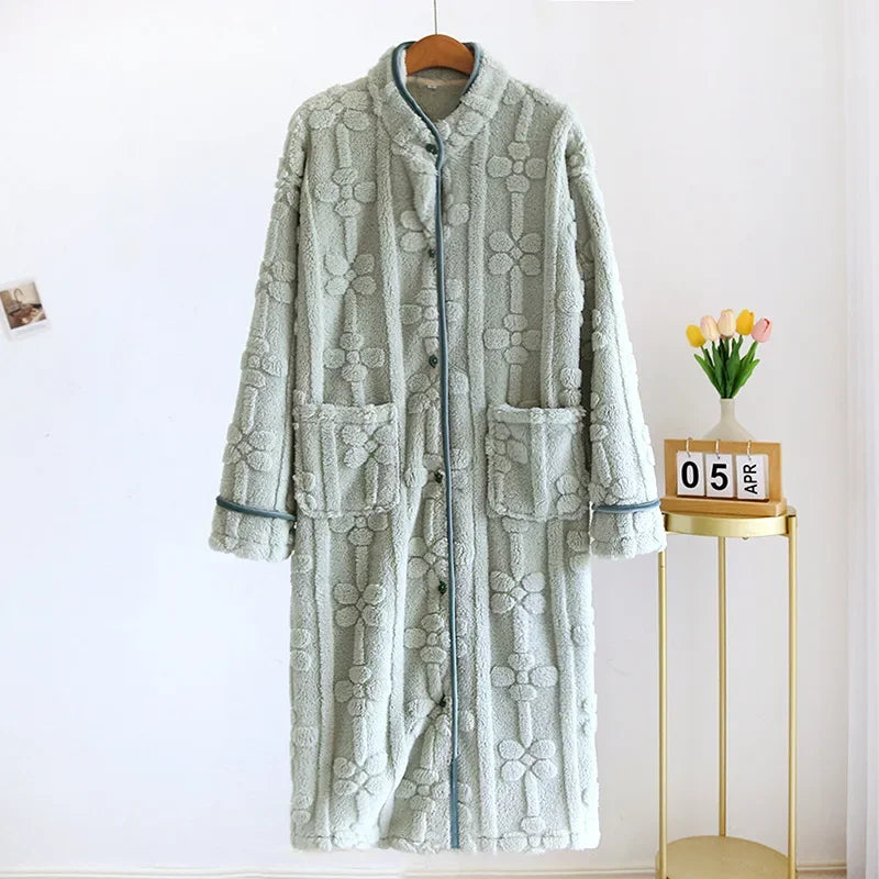 Peignoir de bain femme boutonné devant-flanelle-polyester-manche-longue-boutonne-mi-mollet-moelleux-confortable-printemps-hiver-automne-col-chale-vert