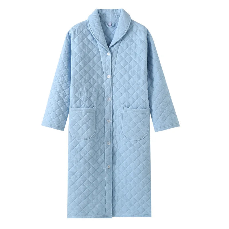 Peignoir de bain femme boutonne-flanelle-velvet-polyester-col-chale-boutonne-manche-longue-mi-mollet-moelleux-absorbant-confortable-hiver-printemps-automne-bleu-ciel