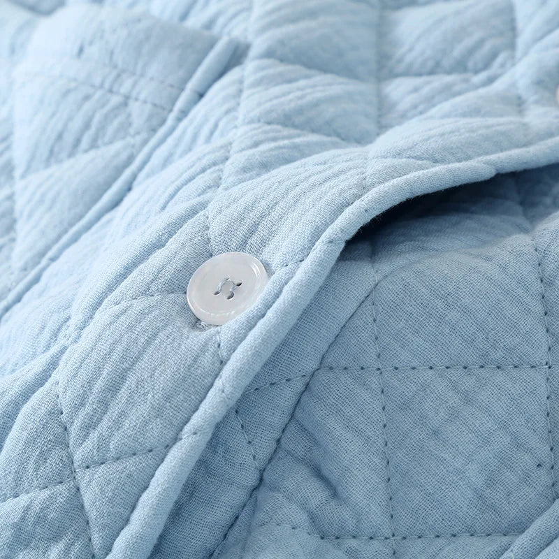 Peignoir de bain femme boutonne-flanelle-velvet-polyester-col-chale-boutonne-manche-longue-mi-mollet-moelleux-absorbant-confortable-printemps-automne-hiver-bleu-ciel