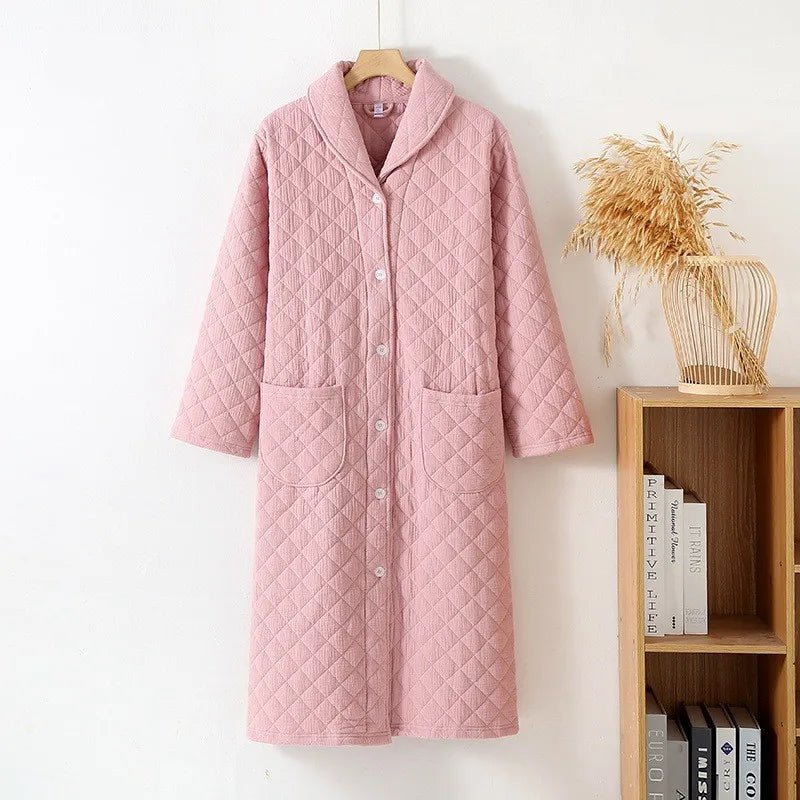 Peignoir de bain femme boutonne-flanelle-velvet-polyester-col-chale-boutonne-manche-longue-mi-mollet-moelleux-absorbant-confortable-printemps-automne-hiver-rose