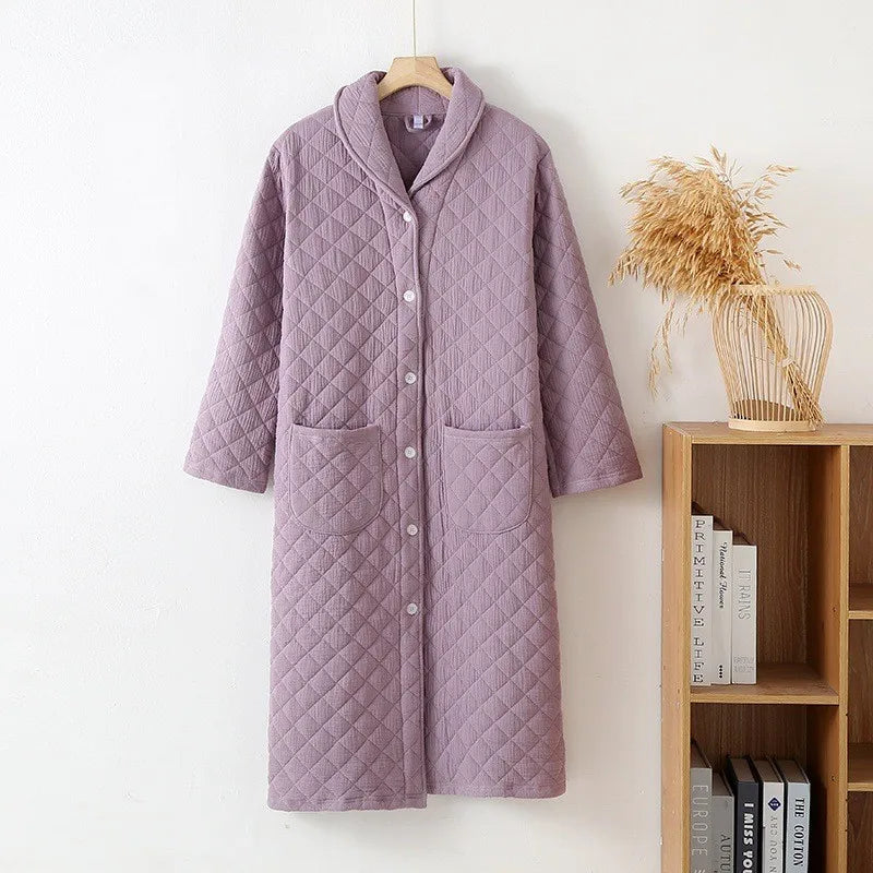 Peignoir de bain femme boutonne-flanelle-velvet-polyester-col-chale-boutonne-manche-longue-mi-mollet-moelleux-absorbant-confortable-printemps-automne-hiver-violet