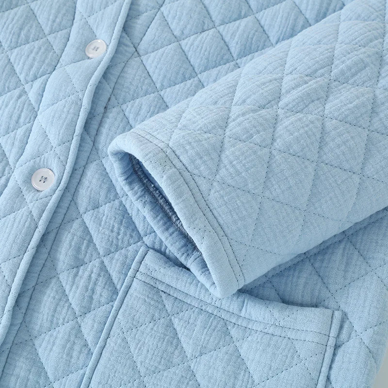 Peignoir de bain femme boutonne-flanelle-velvet-polyester-col-chale-boutonne-manche-longue-mi-mollet-moelleux-absorbant-confortable-printemps-hiver-automne-bleu-ciel