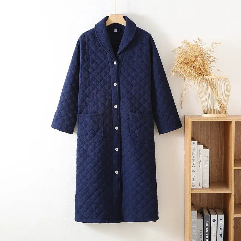 Peignoir de bain femme boutonne-flanelle-velvet-polyester-hiver-col-chale-boutonne-manche-longue-mi-mollet-moelleux-absorbant-confortable-printemps-automne-bleu-marine