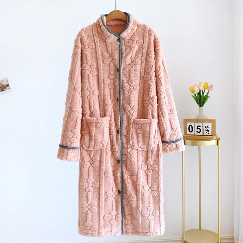 Peignoir de bain femme boutonne devant-flanelle-polyester-manche-longue-boutonne-mi-mollet-moelleux-confortable-printemps-automne-hiver-col-chale-rose