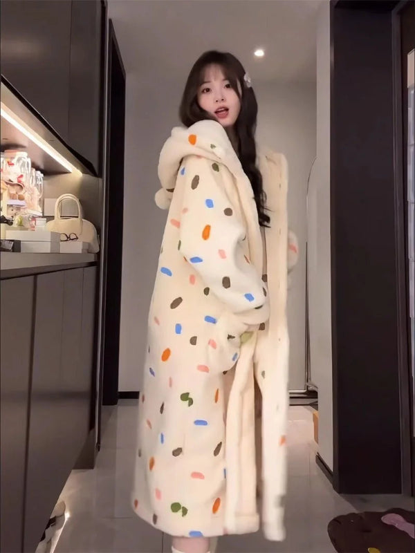 Peignoir de bain femme à capuche-polyester-epais-manche-longue-capuche-mi-mollet-absorbant-moelleux-confortable-motif-animal-geometrique-hiver-printemps-automne-beige-bleu