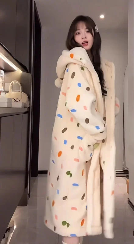 Peignoir de bain femme à capuche-polyester-epais-manche-longue-capuche-mi-mollet-absorbant-moelleux-confortable-motif-animal-geometrique-printemps-automne-hiver-beige-bleu