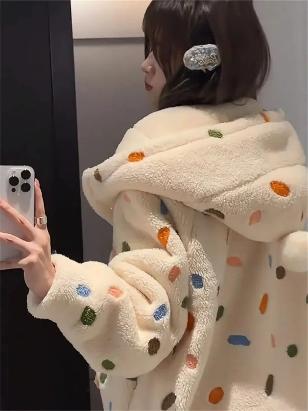 Peignoir de bain femme à capuche-polyester-epais-manche-longue-capuche-mi-mollet-absorbant-moelleux-confortable-motif-animal-geometrique-printemps-hiver-automne-bleu-beige