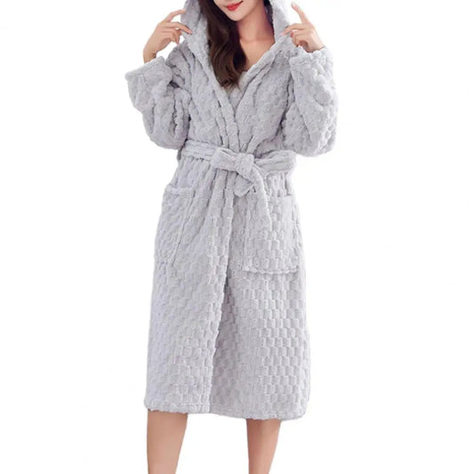 Peignoir de bain femme capuche éponge-flanelle-corail-capuche-manche-longue-epais-mi-mollet-moelleux-confortable-hiver-printemps-automne-gris