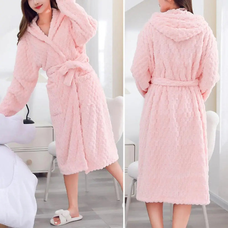 Peignoir de bain femme capuche éponge-flanelle-corail-capuche-manche-longue-epais-mi-mollet-moelleux-confortable-hiver-printemps-automne-rose