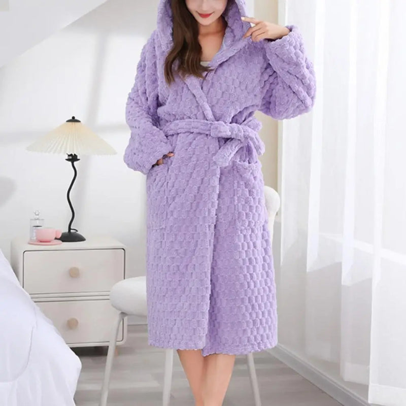 Peignoir de bain femme capuche éponge-flanelle-corail-capuche-manche-longue-epais-mi-mollet-moelleux-confortable-hiver-printemps-automne-violet