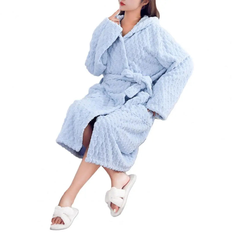 Peignoir de bain femme capuche éponge-flanelle-corail-capuche-manche-longue-epais-mi-mollet-moelleux-confortable-printemps-hiver-automne-bleu