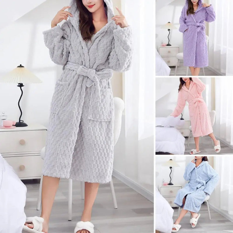 Peignoir de bain femme capuche éponge-flanelle-corail-capuche-manche-longue-epais-mi-mollet-moelleux-confortable-printemps-hiver-automne-rose-violet-bleu-gris
