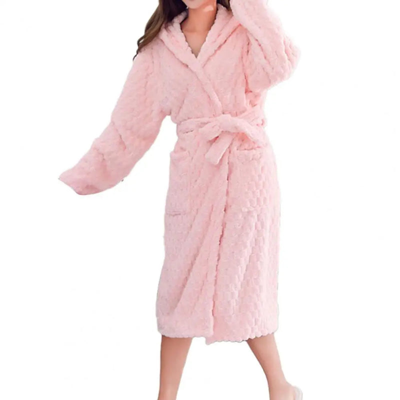 Peignoir de bain femme capuche éponge-flanelle-corail-capuche-manche-longue-epais-mi-mollet-moelleux-hiver-confortable-printemps-automne-rose