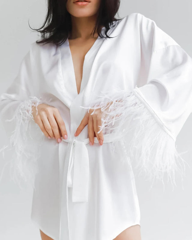 Peignoir de bain femme court-polyester-fausse-soie-manche-longue-mi-cuisse-motif-uni-col-V-absorbant-leger-ete-moelleux-confortable-autome-printemps-blanc